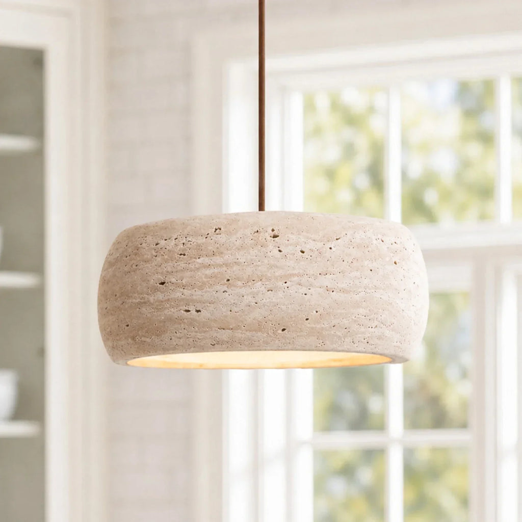 Lampă suspendată din travertin, crem vintage, din piatră naturală, în stil Wabi-Sabi, pentru sufragerie și dormitor – Lamylie