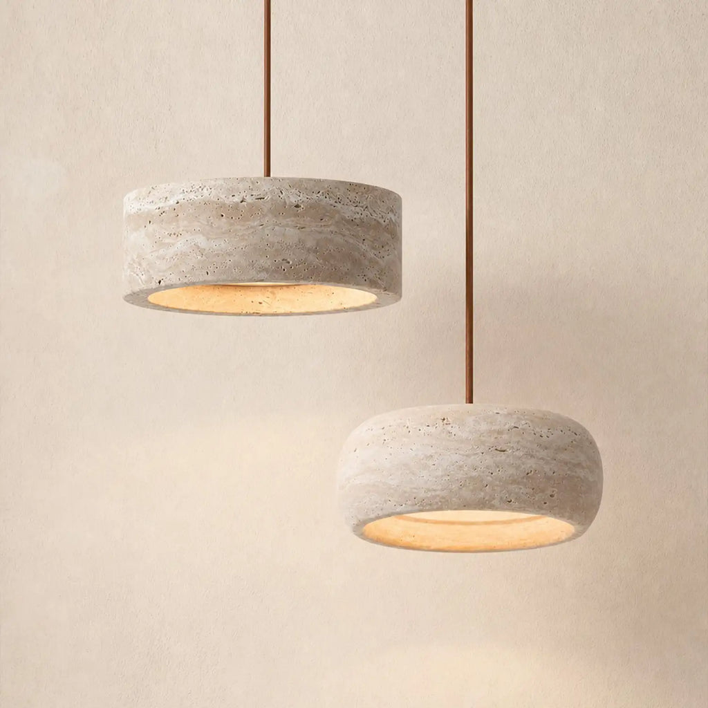 Lampă suspendată din travertin, crem vintage, din piatră naturală, în stil Wabi-Sabi, pentru sufragerie și dormitor – Lamylie