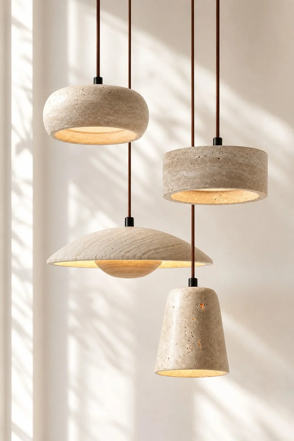 Lampă suspendată din travertin, crem vintage, din piatră naturală, în stil Wabi-Sabi, pentru sufragerie și dormitor – Lamylie