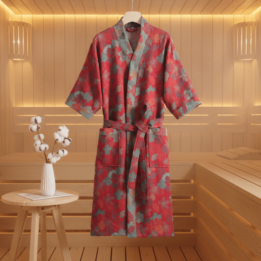 Ginkorobe Reversible Bathrobe — Organic Cotton Kimono Style, Ginkgo Leaf Motif