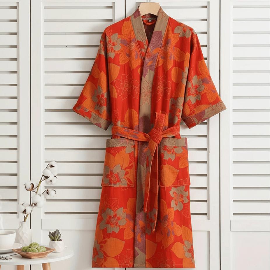 Ginkorobe Reversible Bathrobe — Organic Cotton Kimono Style, Ginkgo Leaf Motif