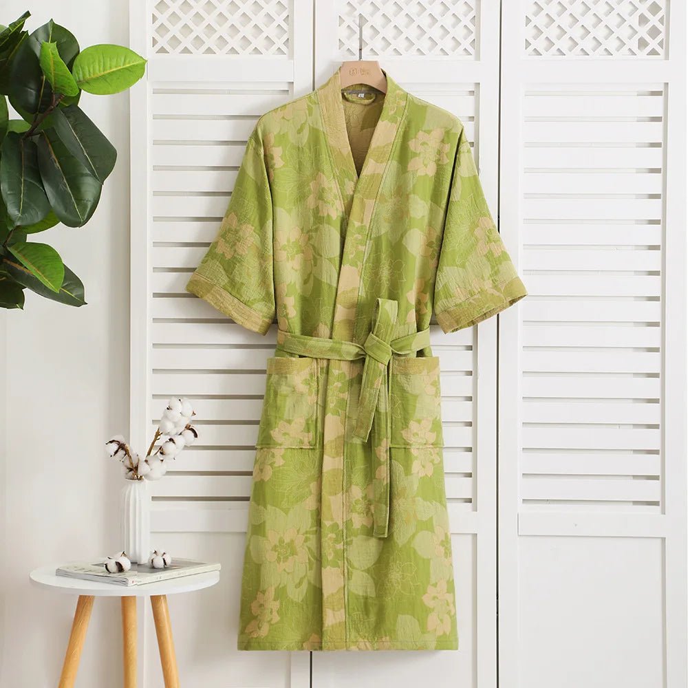 Ginkorobe Reversible Bathrobe — Organic Cotton Kimono Style, Ginkgo Leaf Motif