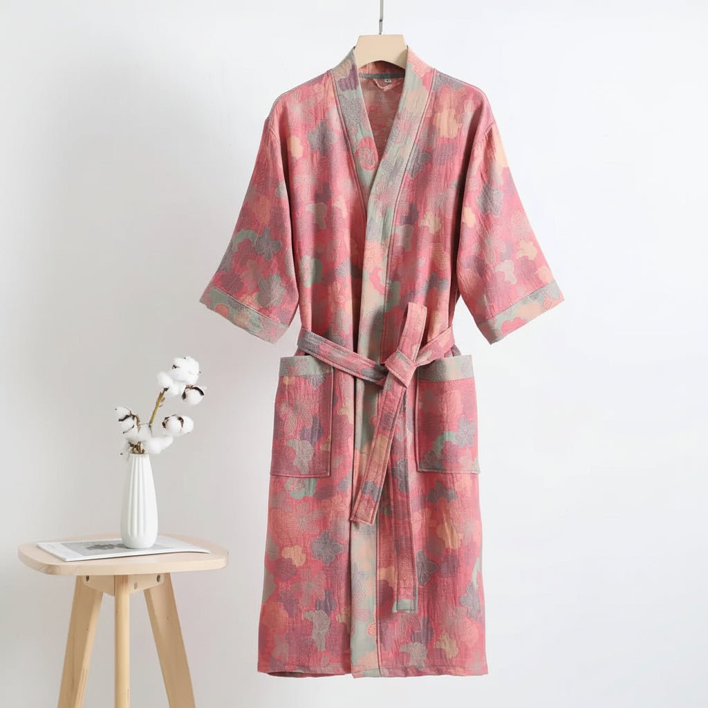 Ginkorobe Reversible Bathrobe — Organic Cotton Kimono Style, Ginkgo Leaf Motif