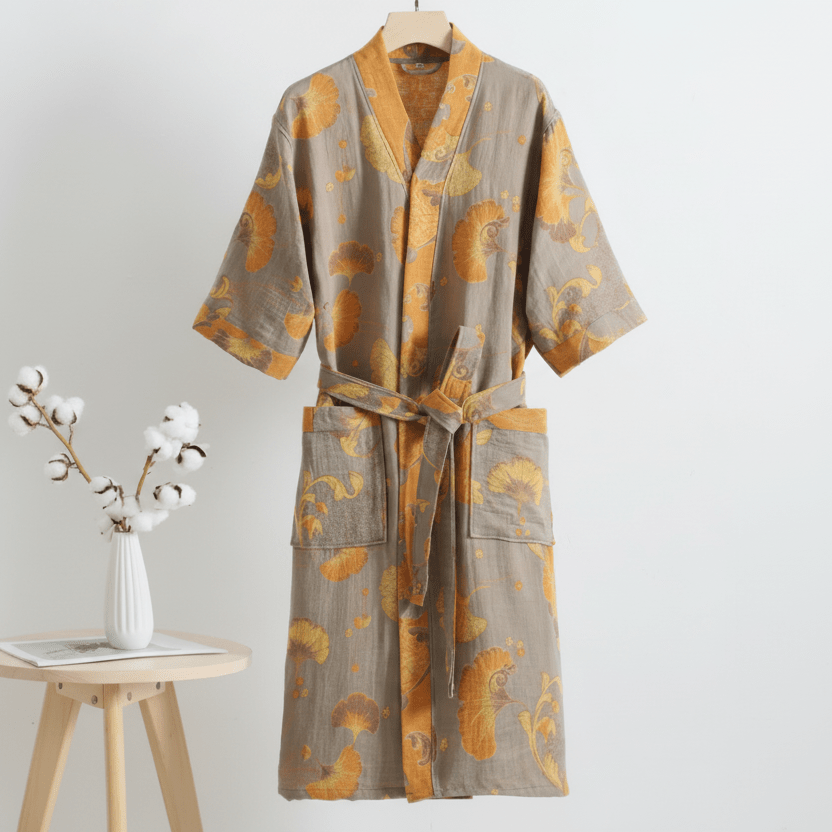 Ginkorobe Reversible Bathrobe — Organic Cotton Kimono Style, Ginkgo Leaf Motif