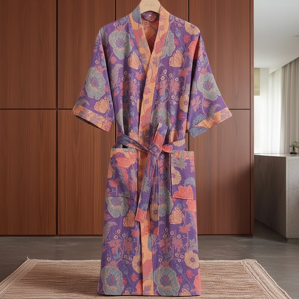 Ginkorobe Reversible Bathrobe — Organic Cotton Kimono Style, Ginkgo Leaf Motif