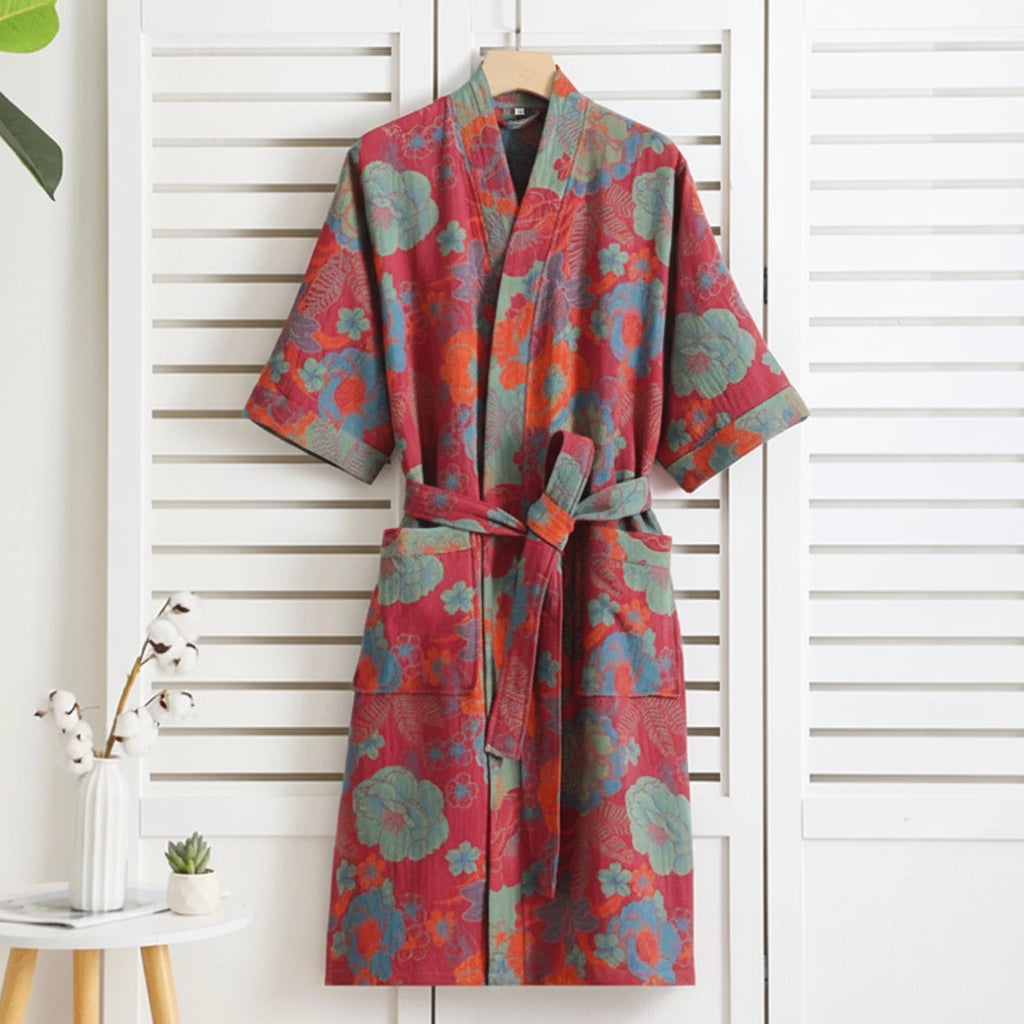 Ginkorobe Reversible Bathrobe — Organic Cotton Kimono Style, Ginkgo Leaf Motif