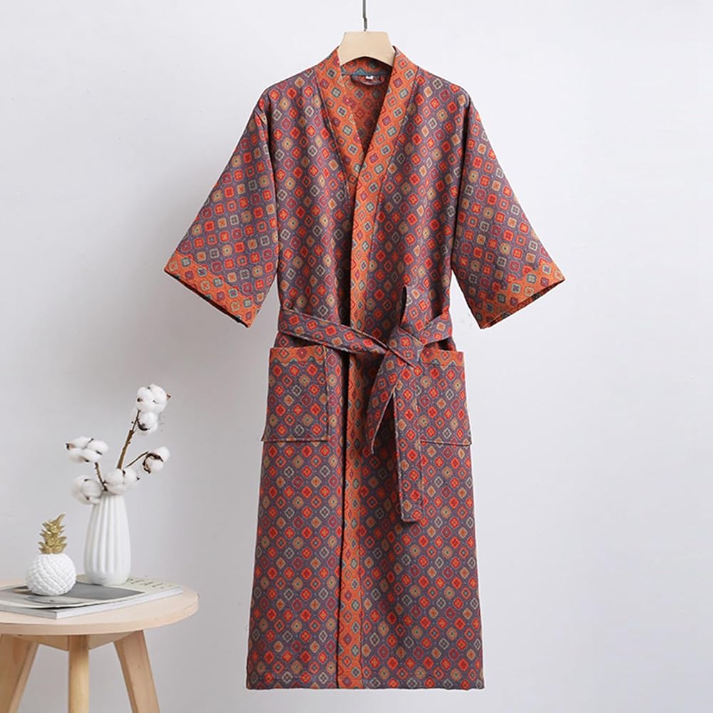 Ginkorobe Reversible Bathrobe — Organic Cotton Kimono Style, Ginkgo Leaf Motif
