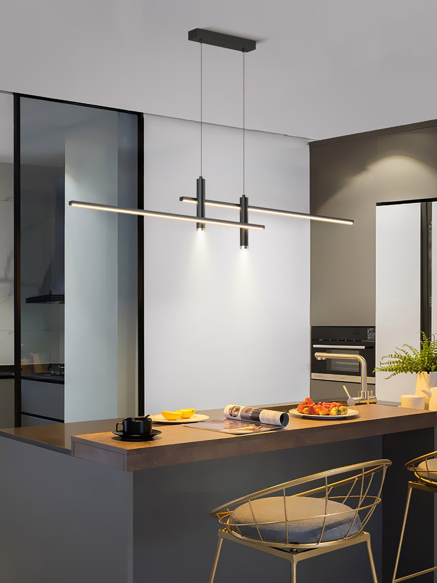 Linear Pendant Lamp Kitchen Island • 90/120/150cm • Integrated LED • Warm White/Neutral/Cool White • Dimmable Option • Black/Gold • Kitchen Island Above Table - Lamylie
