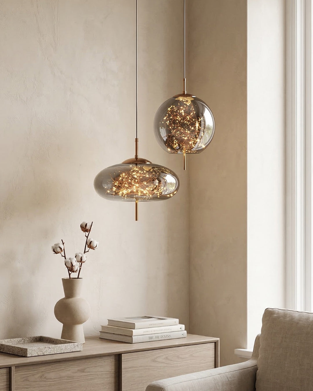 Glass Pendant Lamp LIV with Smoky Finish and Warm White Light | Scandinavian Design with Handcrafted Glass | 3 Sizes Available - Lamylie