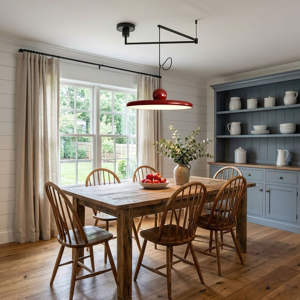 Lampada a sospensione oscillante di metà secolo — design cinetico con disco sospeso e contrappeso | Lampada a braccio regolabile per sale da pranzo moderne e spazi di lavoro creativi | LED integrato - Lamylie