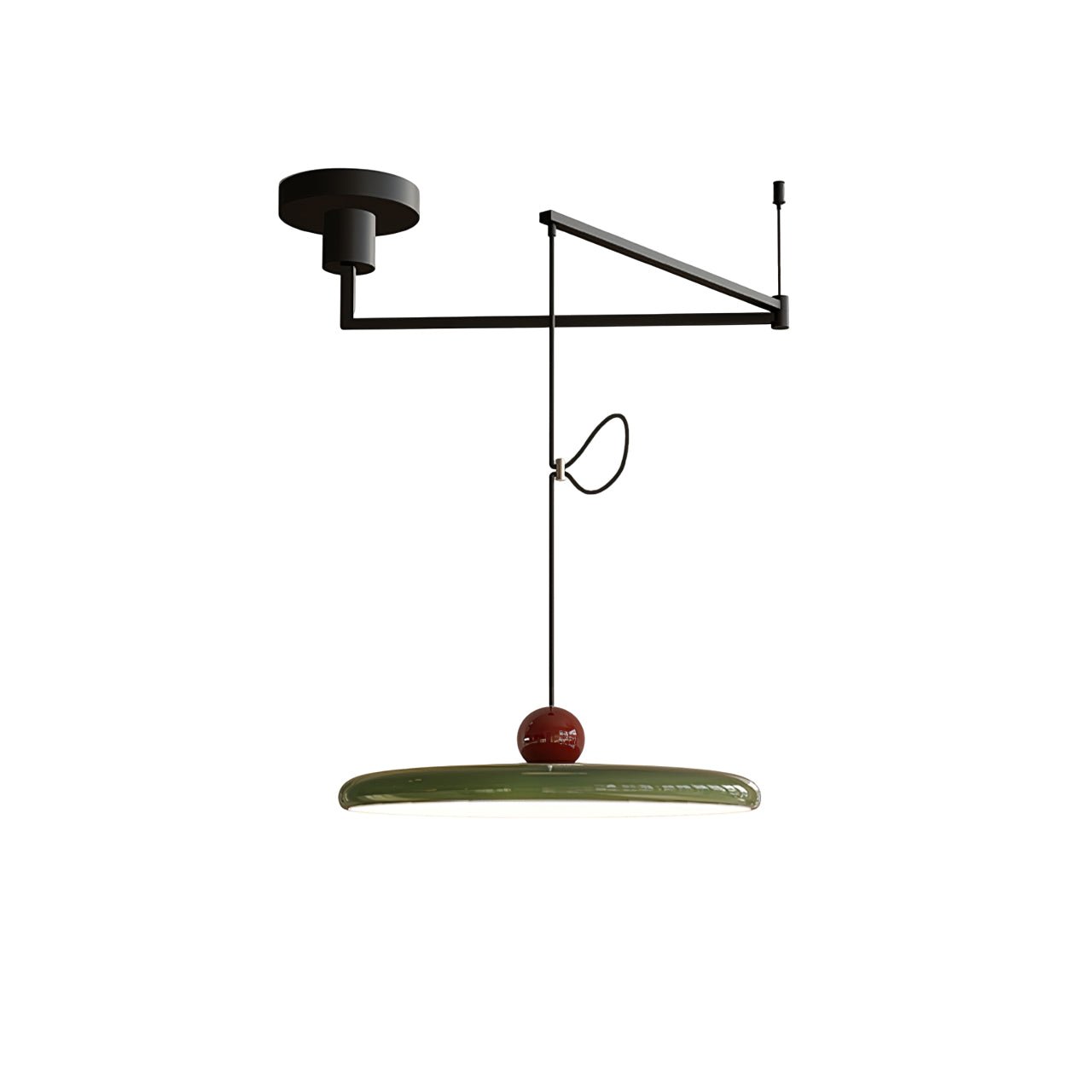 Závěsná lampa Swing z poloviny 20. století — kinetický design s plovoucím diskem a protizávažím | lampa s nastavitelným ramenem do moderních jídelen a kreativních pracovních prostor | integrovaná LED – Lamylie