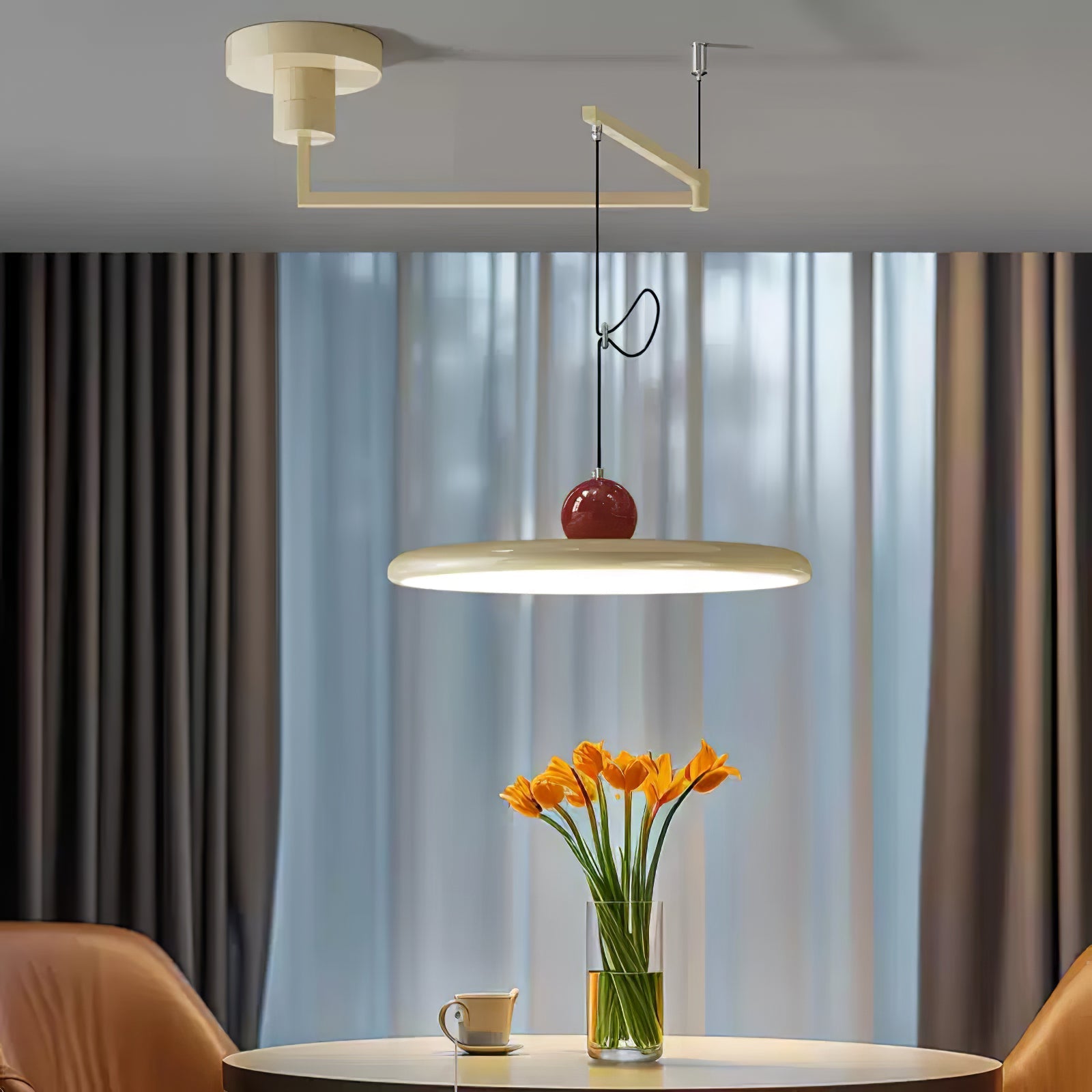 Lampada a sospensione oscillante di metà secolo — design cinetico con disco sospeso e contrappeso | Lampada a braccio regolabile per sale da pranzo moderne e spazi di lavoro creativi | LED integrato - Lamylie