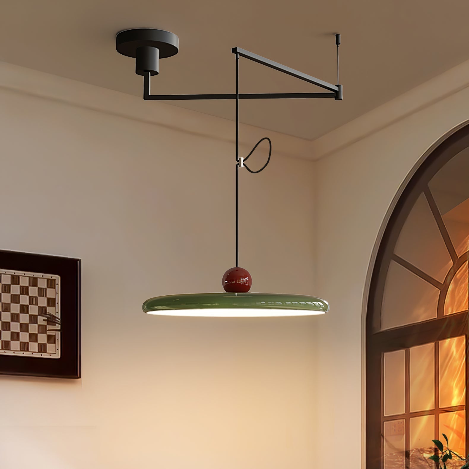 Lampada a sospensione oscillante di metà secolo — design cinetico con disco sospeso e contrappeso | Lampada a braccio regolabile per sale da pranzo moderne e spazi di lavoro creativi | LED integrato - Lamylie