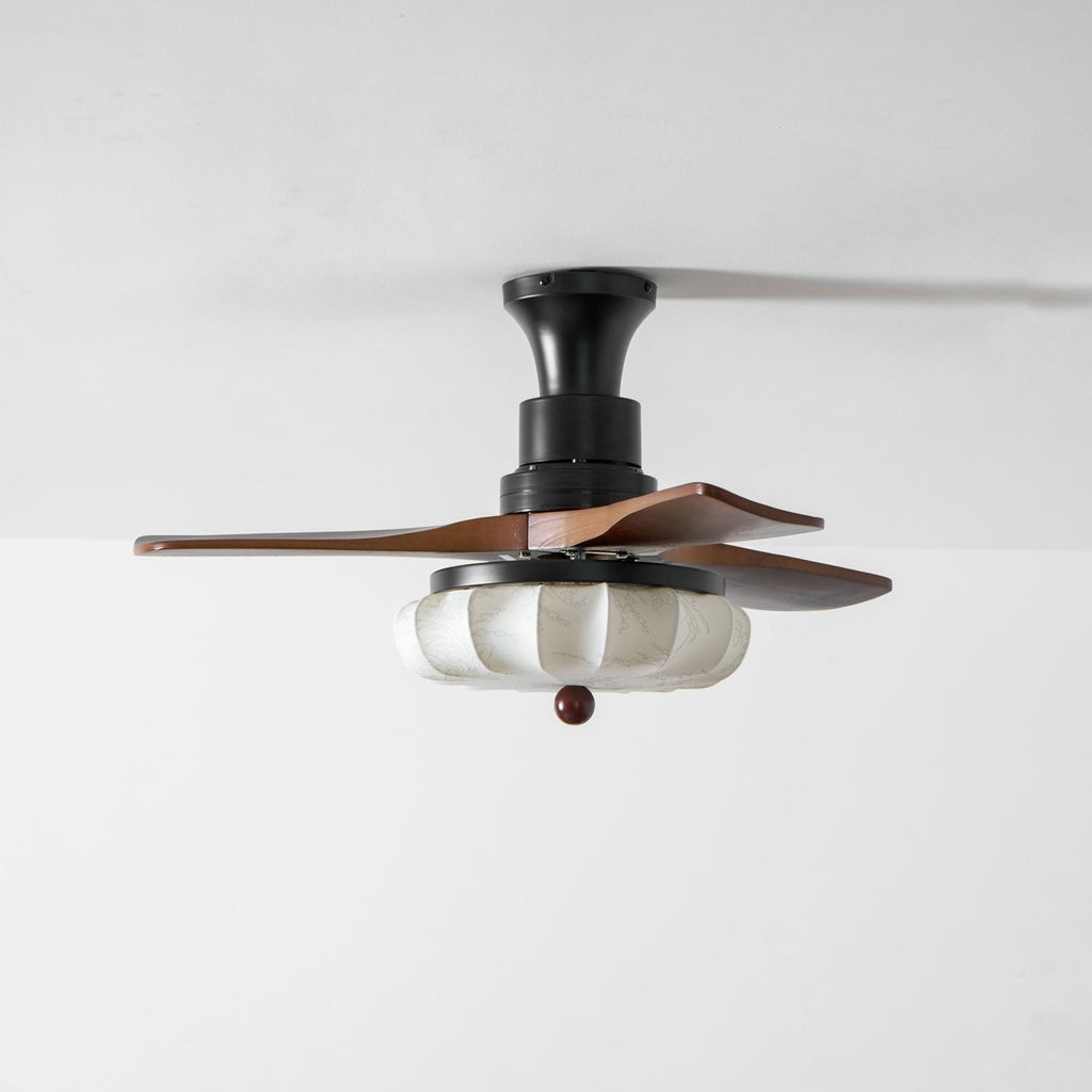 Ventilator de tavan cu iluminare | Motor DC | Abajur din bumbac cu model de lotus | Pale din lemn de nuc | Reglabil și reversibil - Lamylie