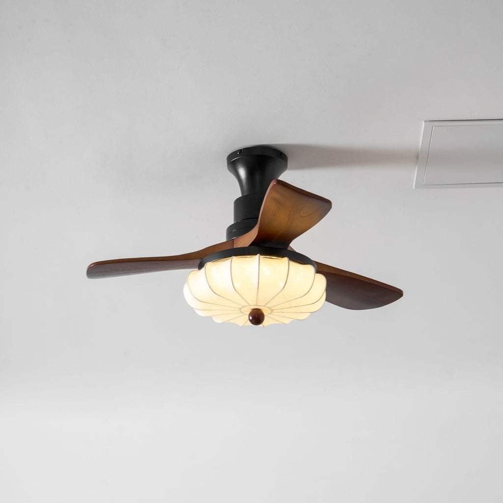Ventilator de tavan cu iluminare | Motor DC | Abajur din bumbac cu model de lotus | Pale din lemn de nuc | Reglabil și reversibil - Lamylie