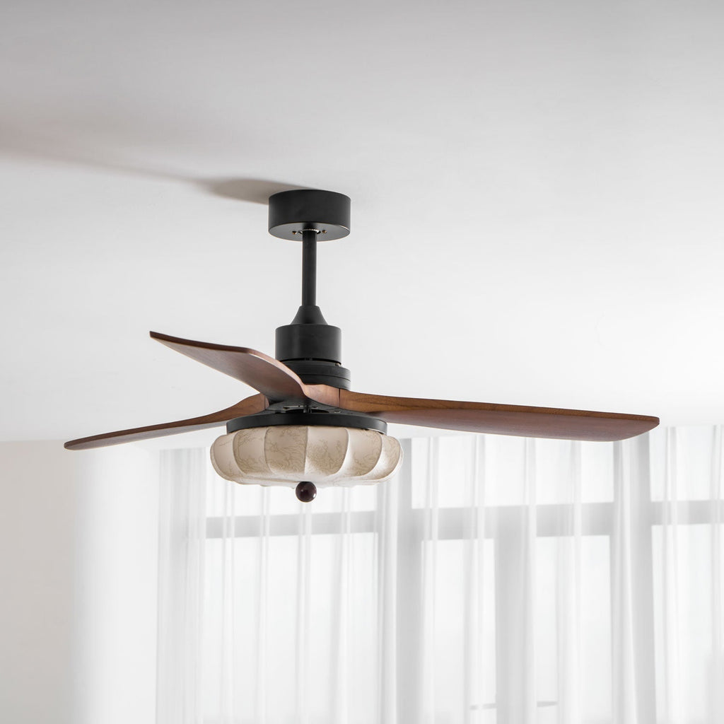 Ventilator de tavan cu iluminare | Motor DC | Abajur din bumbac cu model de lotus | Pale din lemn de nuc | Reglabil și reversibil - Lamylie