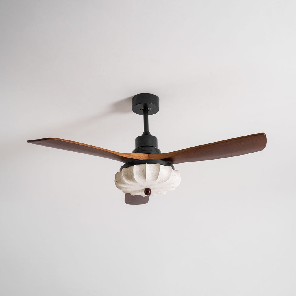 Ventilator de tavan cu iluminare | Motor DC | Abajur din bumbac cu model de lotus | Pale din lemn de nuc | Reglabil și reversibil - Lamylie