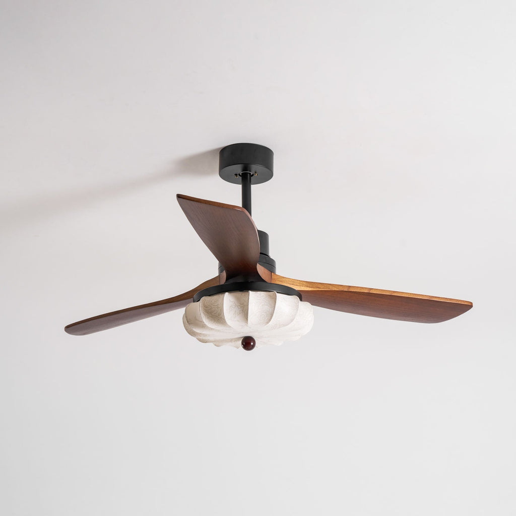 Ventilator de tavan cu iluminare | Motor DC | Abajur din bumbac cu model de lotus | Pale din lemn de nuc | Reglabil și reversibil - Lamylie