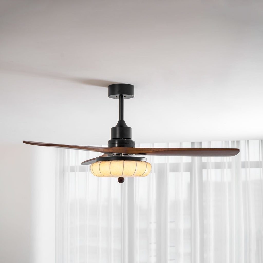 Ventilator de tavan cu iluminare | Motor DC | Abajur din bumbac cu model de lotus | Pale din lemn de nuc | Reglabil și reversibil - Lamylie