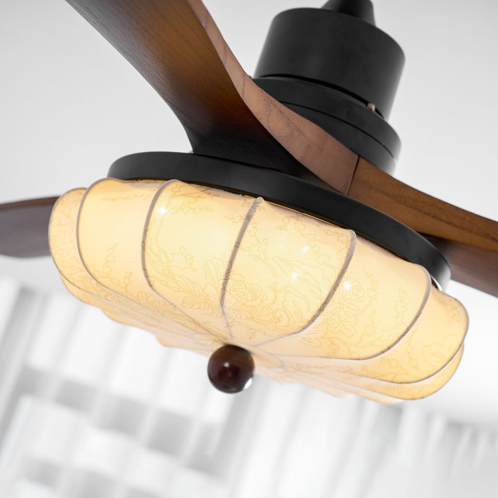 Ventilator de tavan cu iluminare | Motor DC | Abajur din bumbac cu model de lotus | Pale din lemn de nuc | Reglabil și reversibil - Lamylie