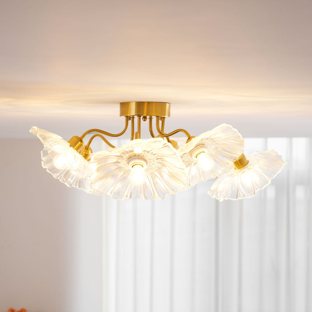 Glas-Deckenlampe mit Blattmotiv | 3, 5 oder 6 Lichtpunkte | Goldene Fassung mit Klarem oder Rosa Mattglas - Lamylie