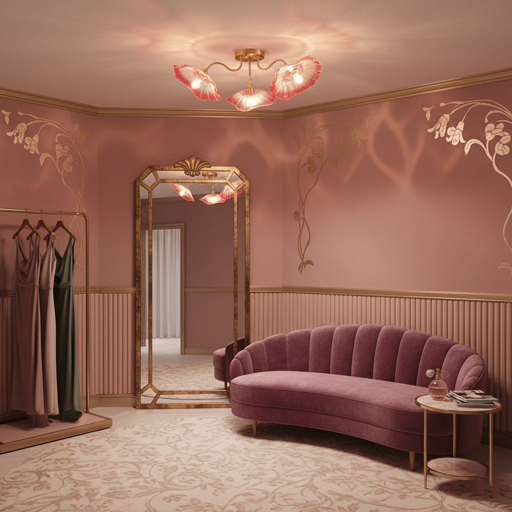 Glas-Deckenlampe mit Blattmotiv | 3, 5 oder 6 Lichtpunkte | Goldene Fassung mit Klarem oder Rosa Mattglas - Lamylie