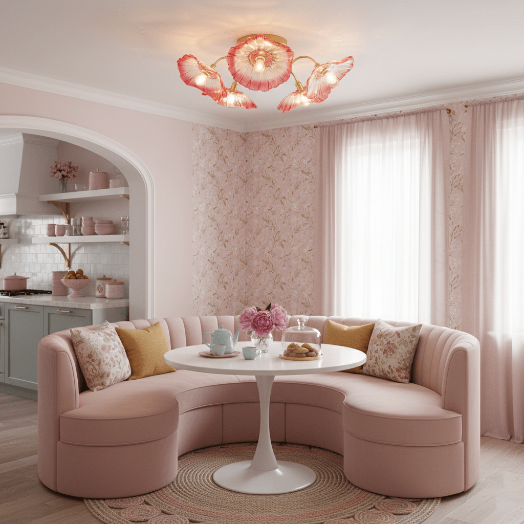 Glas-Deckenlampe mit Blattmotiv | 3, 5 oder 6 Lichtpunkte | Goldene Fassung mit Klarem oder Rosa Mattglas - Lamylie
