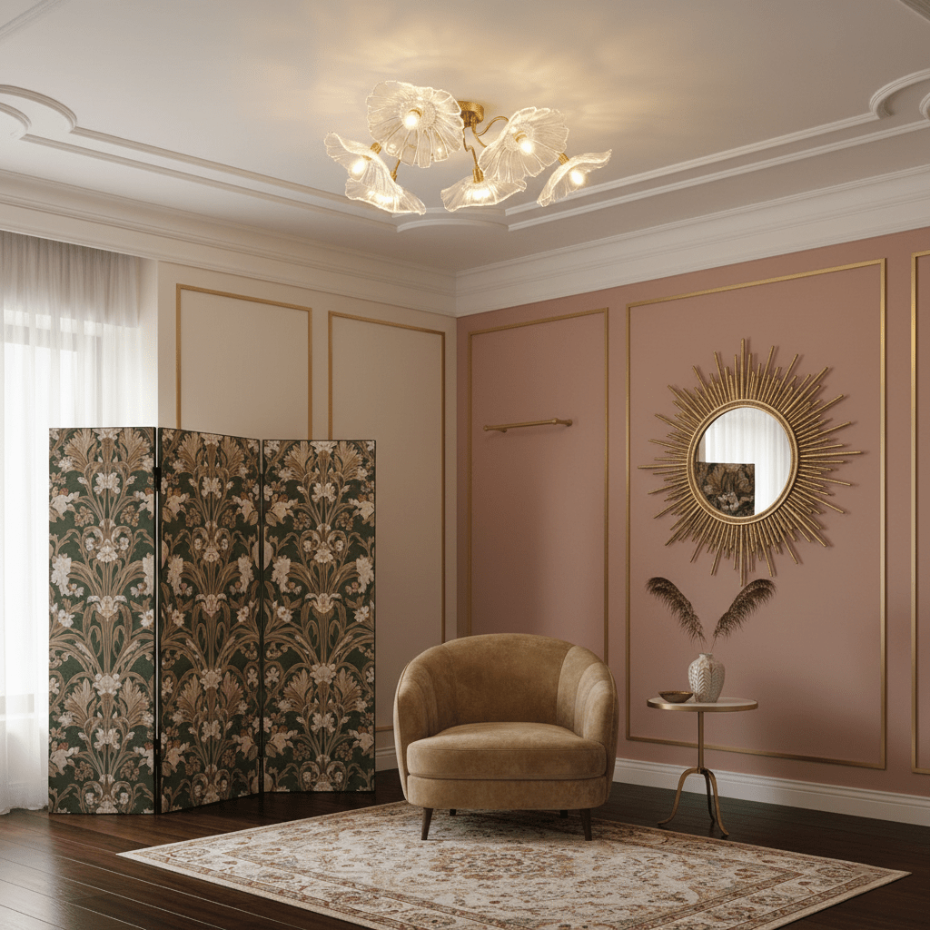 Glas-Deckenlampe mit Blattmotiv | 3, 5 oder 6 Lichtpunkte | Goldene Fassung mit Klarem oder Rosa Mattglas - Lamylie