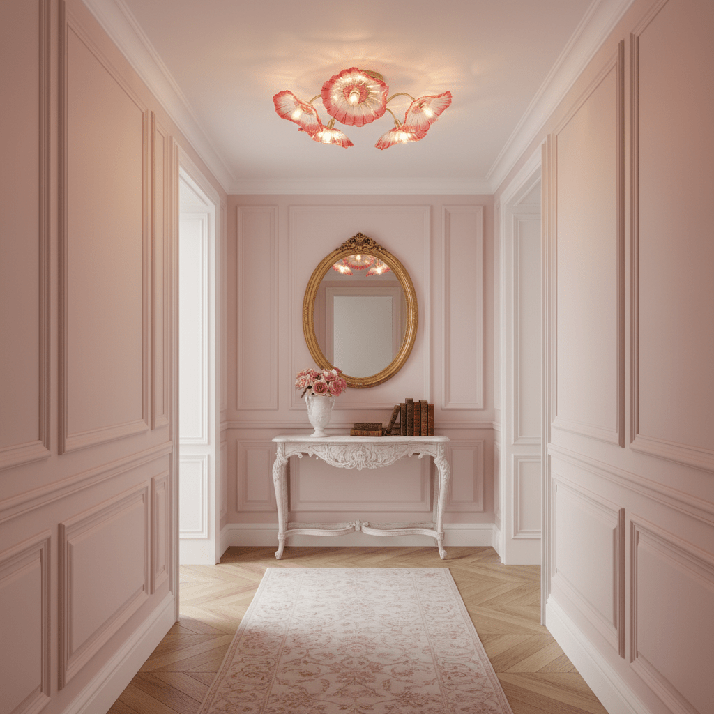 Glas-Deckenlampe mit Blattmotiv | 3, 5 oder 6 Lichtpunkte | Goldene Fassung mit Klarem oder Rosa Mattglas - Lamylie