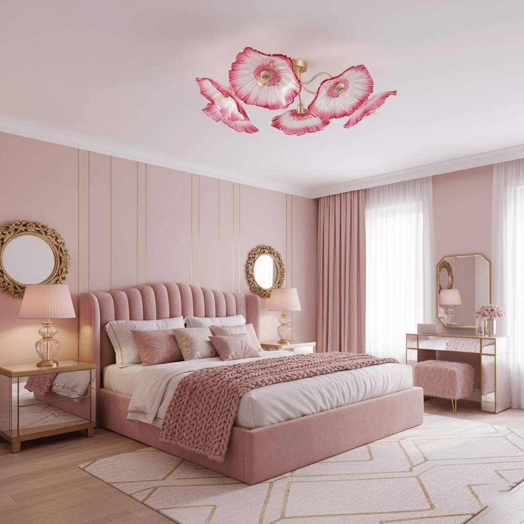 Glas-Deckenlampe mit Blattmotiv | 3, 5 oder 6 Lichtpunkte | Goldene Fassung mit Klarem oder Rosa Mattglas - Lamylie