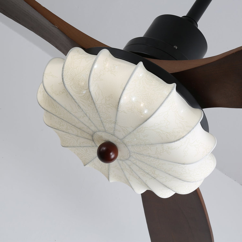 Ventilator de tavan cu iluminare | Motor DC | Abajur din bumbac cu model de lotus | Pale din lemn de nuc | Reglabil și reversibil - Lamylie