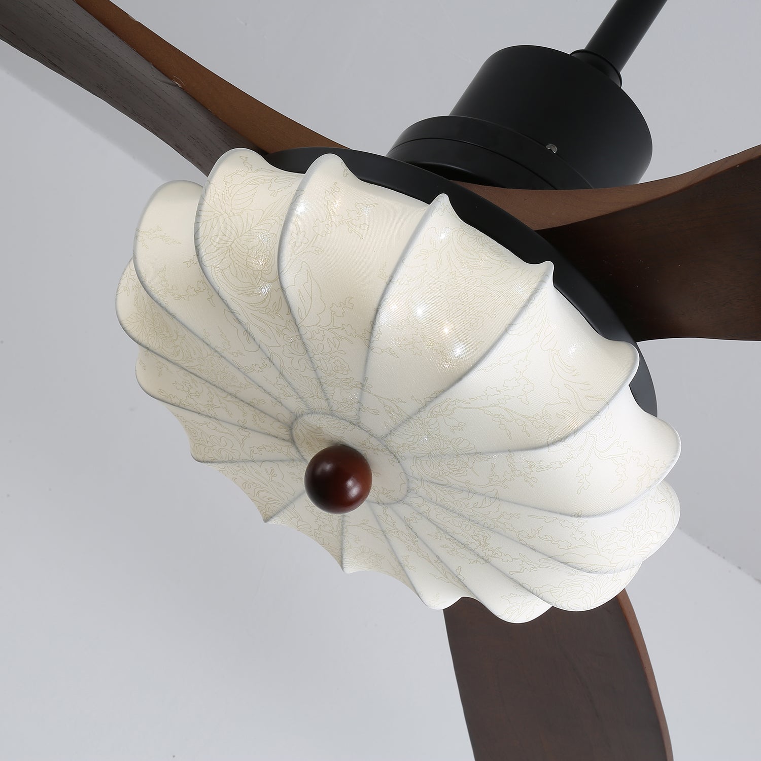 Ventilator de tavan cu iluminare | Motor DC | Abajur din bumbac cu model de lotus | Pale din lemn de nuc | Reglabil și reversibil - Lamylie