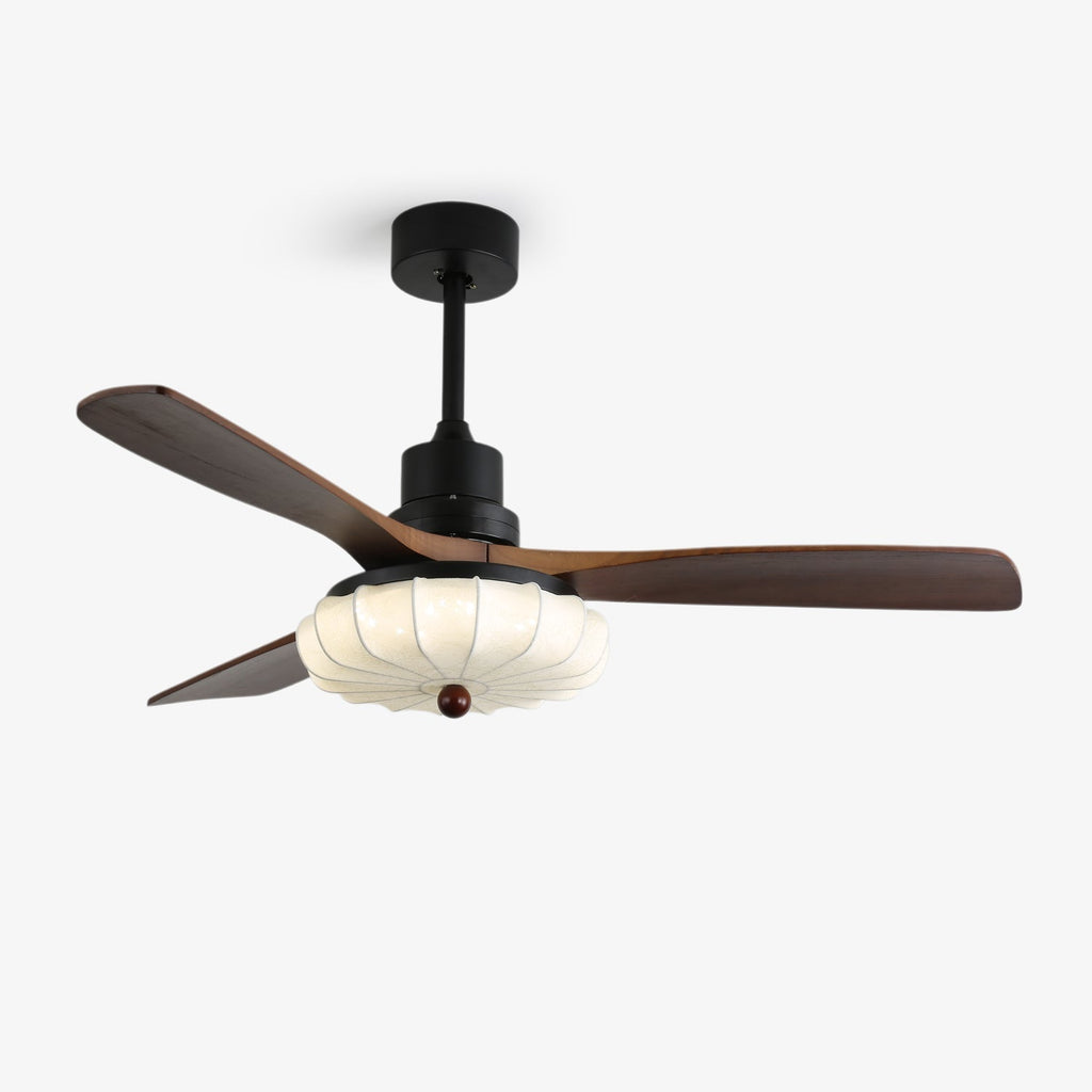 Ventilator de tavan cu iluminare | Motor DC | Abajur din bumbac cu model de lotus | Pale din lemn de nuc | Reglabil și reversibil - Lamylie