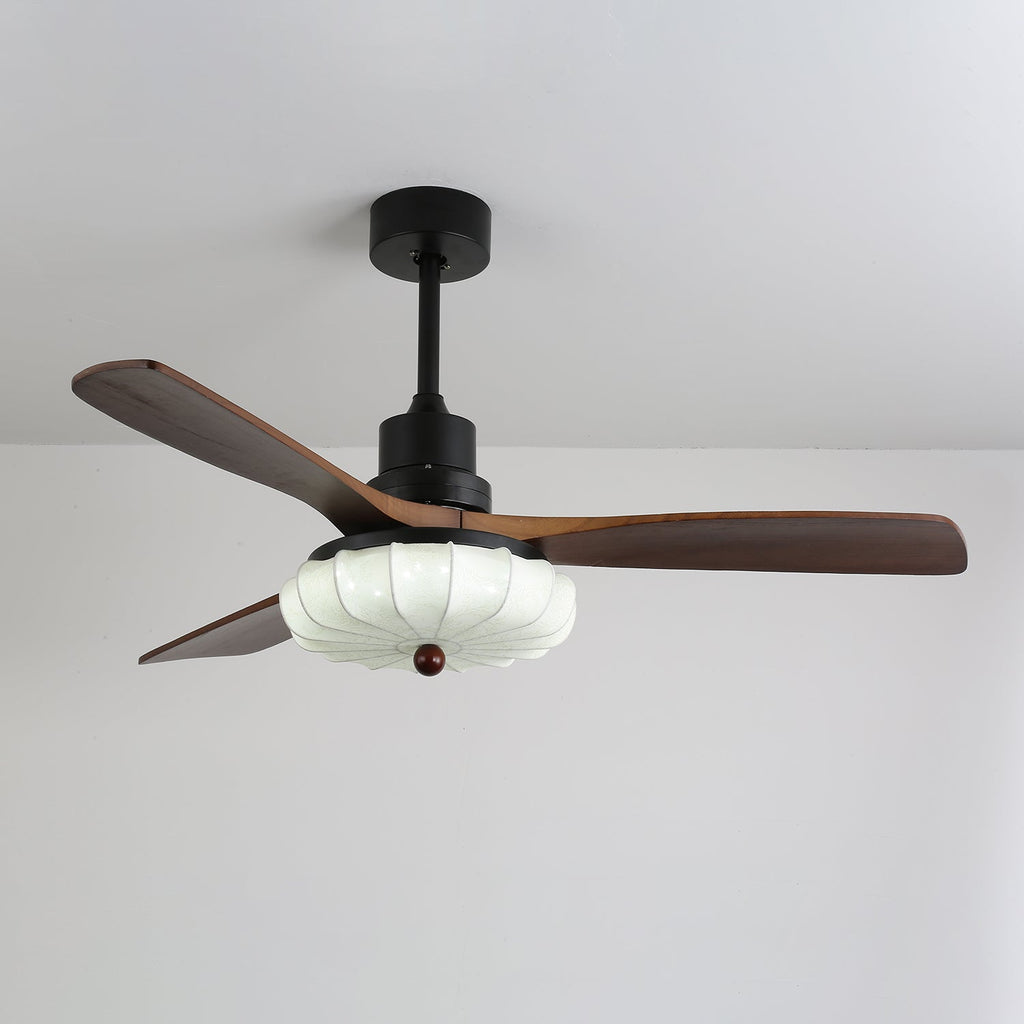 Ventilator de tavan cu iluminare | Motor DC | Abajur din bumbac cu model de lotus | Pale din lemn de nuc | Reglabil și reversibil - Lamylie