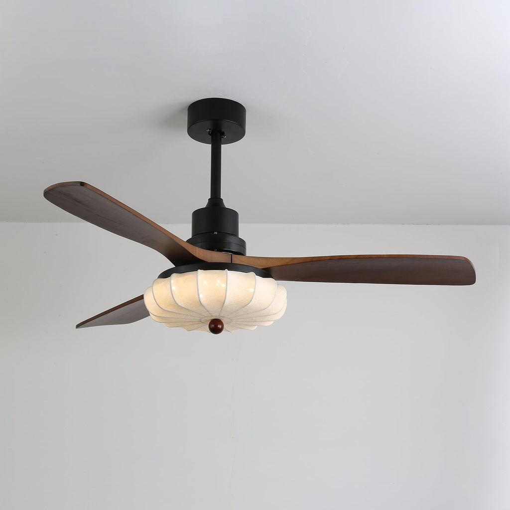 Ventilator de tavan cu iluminare | Motor DC | Abajur din bumbac cu model de lotus | Pale din lemn de nuc | Reglabil și reversibil - Lamylie