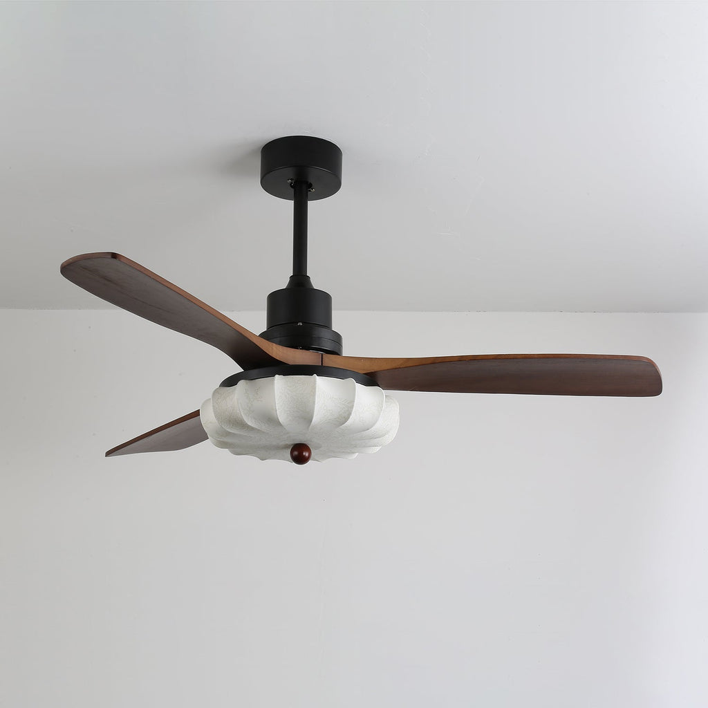 Ventilator de tavan cu iluminare | Motor DC | Abajur din bumbac cu model de lotus | Pale din lemn de nuc | Reglabil și reversibil - Lamylie