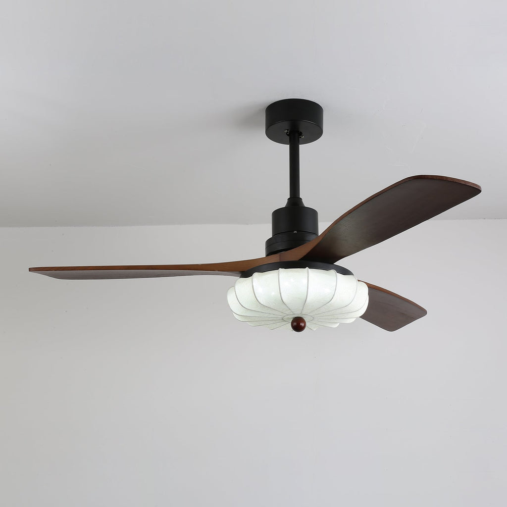 Takfläkt med belysning, vintageglas och träblad, 91–132 cm – Lamylie