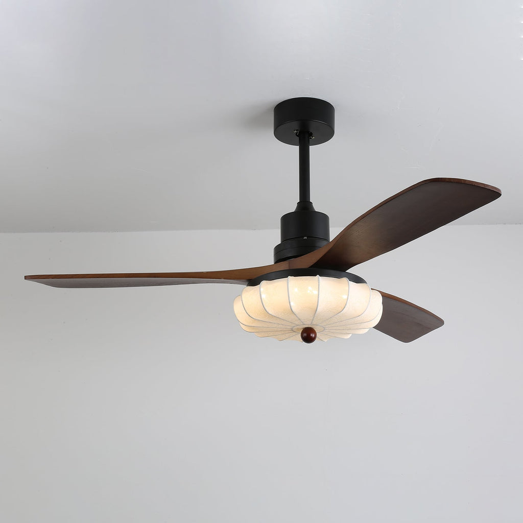 Ventilator de tavan cu iluminare | Motor DC | Abajur din bumbac cu model de lotus | Pale din lemn de nuc | Reglabil și reversibil - Lamylie