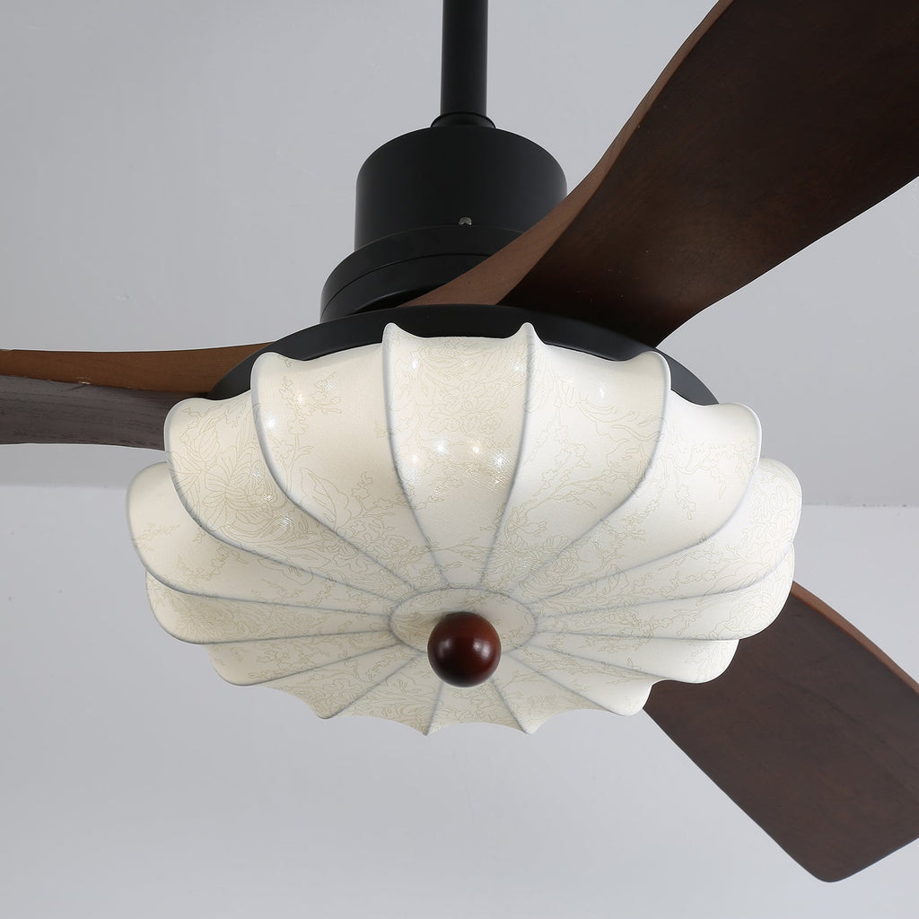 Ventilator de tavan cu iluminare | Motor DC | Abajur din bumbac cu model de lotus | Pale din lemn de nuc | Reglabil și reversibil - Lamylie