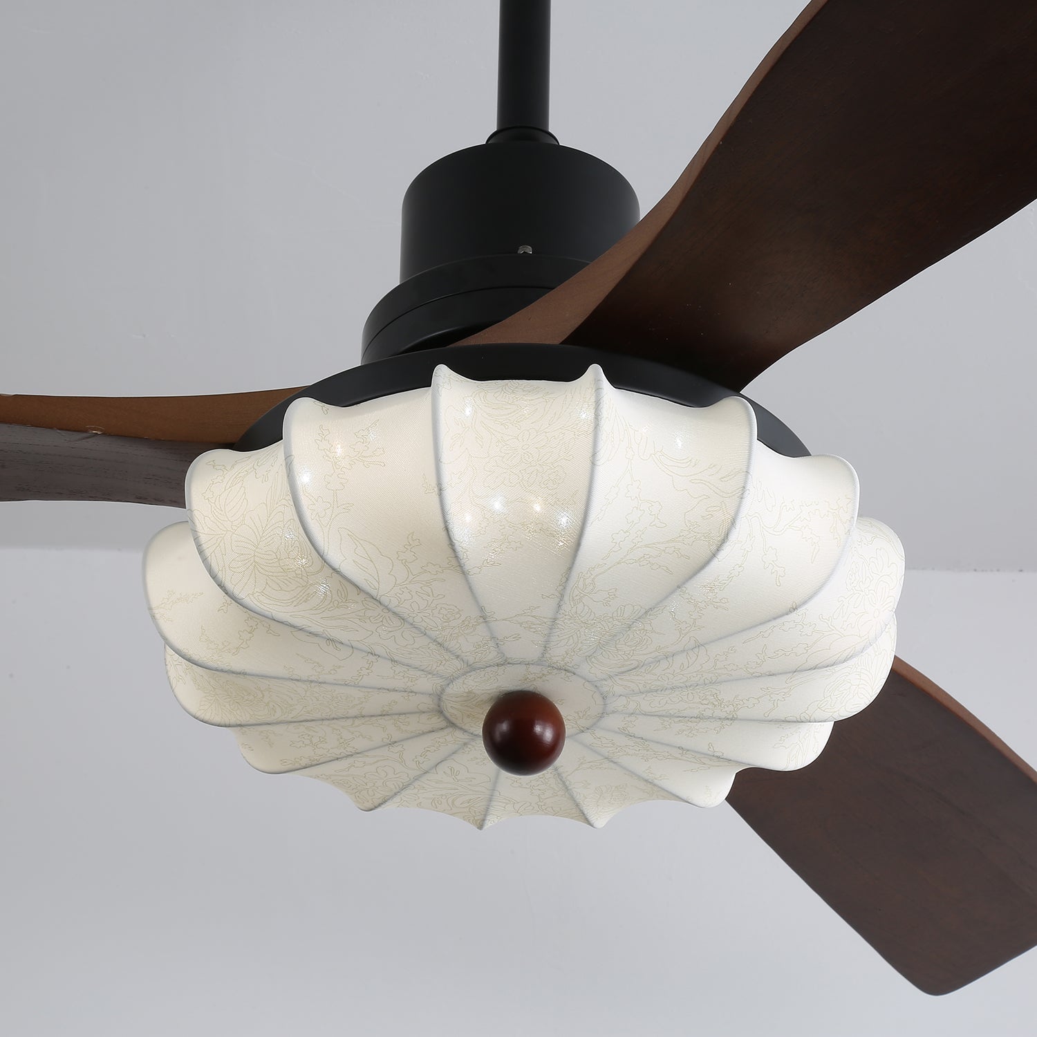 Ventilator de tavan cu iluminare | Motor DC | Abajur din bumbac cu model de lotus | Pale din lemn de nuc | Reglabil și reversibil - Lamylie