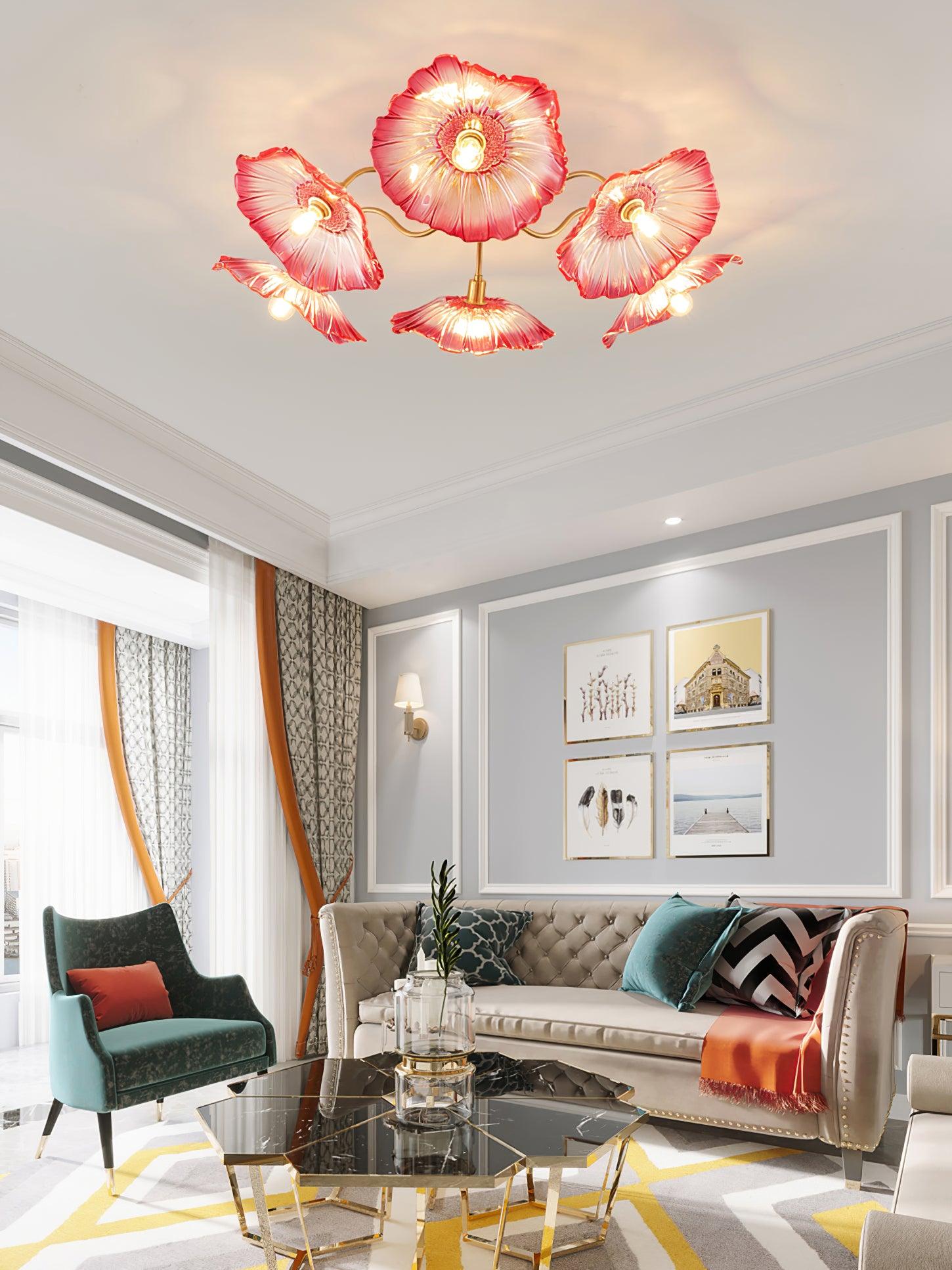 Glas-Deckenlampe mit Blattmotiv | 3, 5 oder 6 Lichtpunkte | Goldene Fassung mit Klarem oder Rosa Mattglas - Lamylie