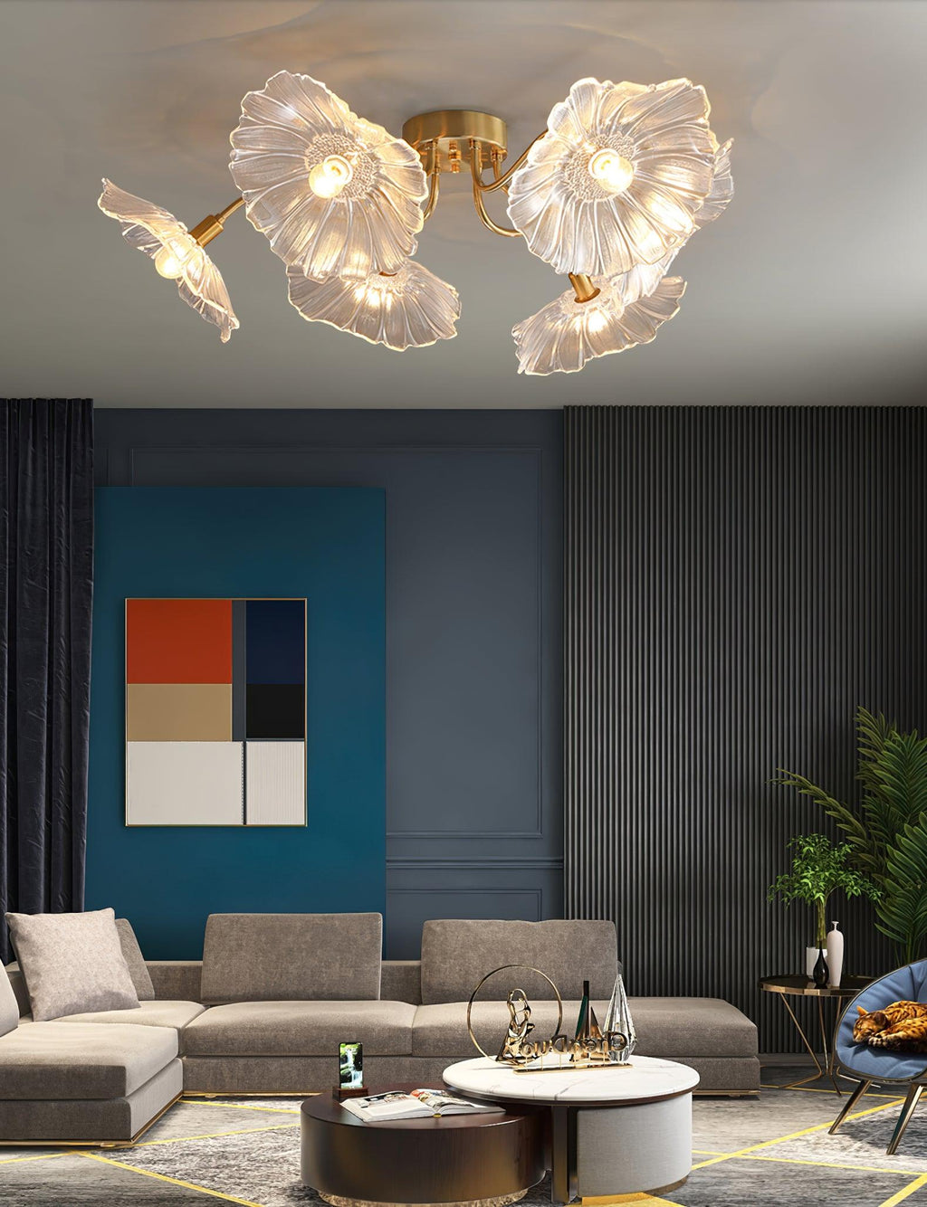 Glas-Deckenlampe mit Blattmotiv | 3, 5 oder 6 Lichtpunkte | Goldene Fassung mit Klarem oder Rosa Mattglas - Lamylie