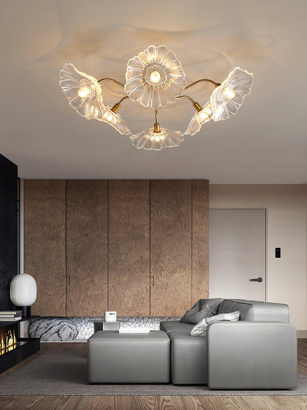 Glas-Deckenlampe mit Blattmotiv | 3, 5 oder 6 Lichtpunkte | Goldene Fassung mit Klarem oder Rosa Mattglas - Lamylie