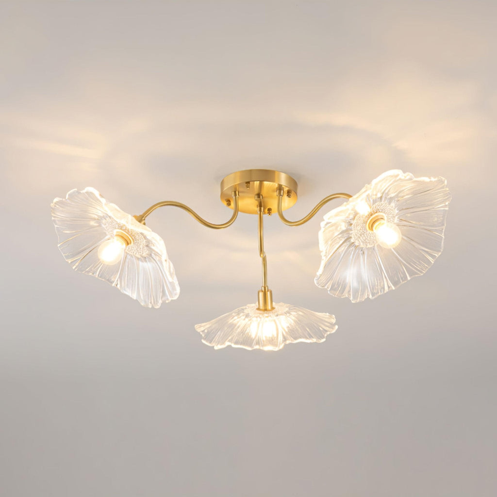 Glas-Deckenlampe mit Blattmotiv | 3, 5 oder 6 Lichtpunkte | Goldene Fassung mit Klarem oder Rosa Mattglas - Lamylie