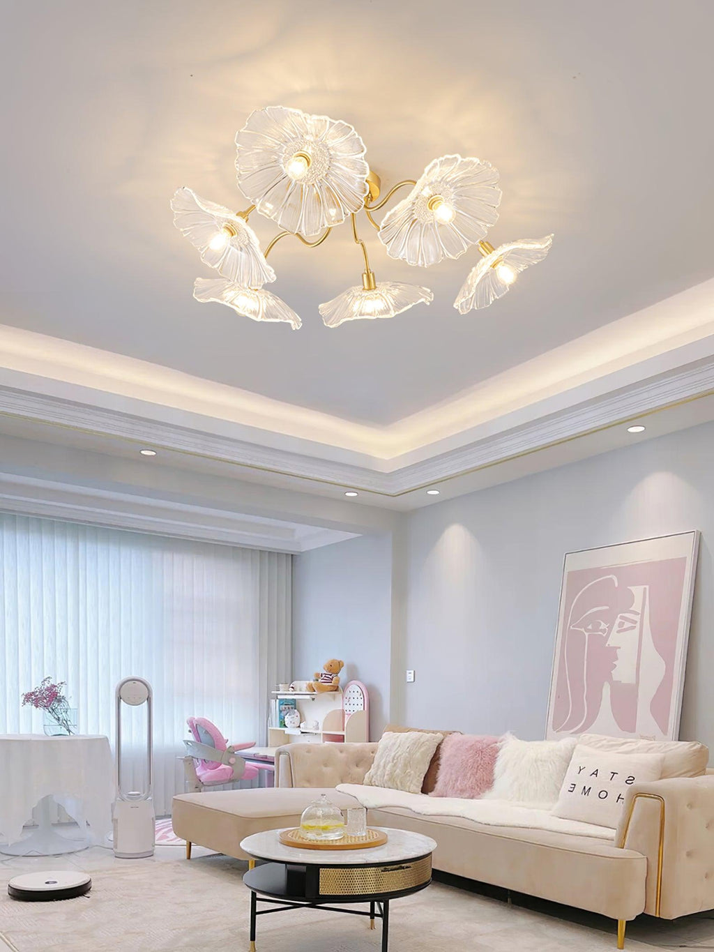 Glas-Deckenlampe mit Blattmotiv | 3, 5 oder 6 Lichtpunkte | Goldene Fassung mit Klarem oder Rosa Mattglas - Lamylie