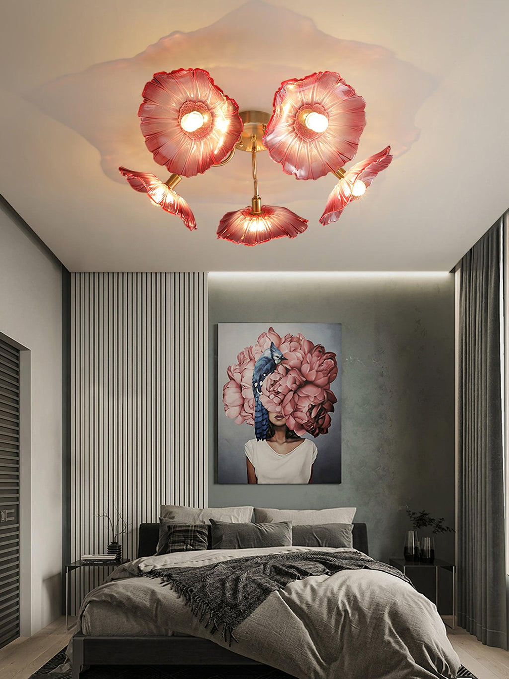 Glas-Deckenlampe mit Blattmotiv | 3, 5 oder 6 Lichtpunkte | Goldene Fassung mit Klarem oder Rosa Mattglas - Lamylie