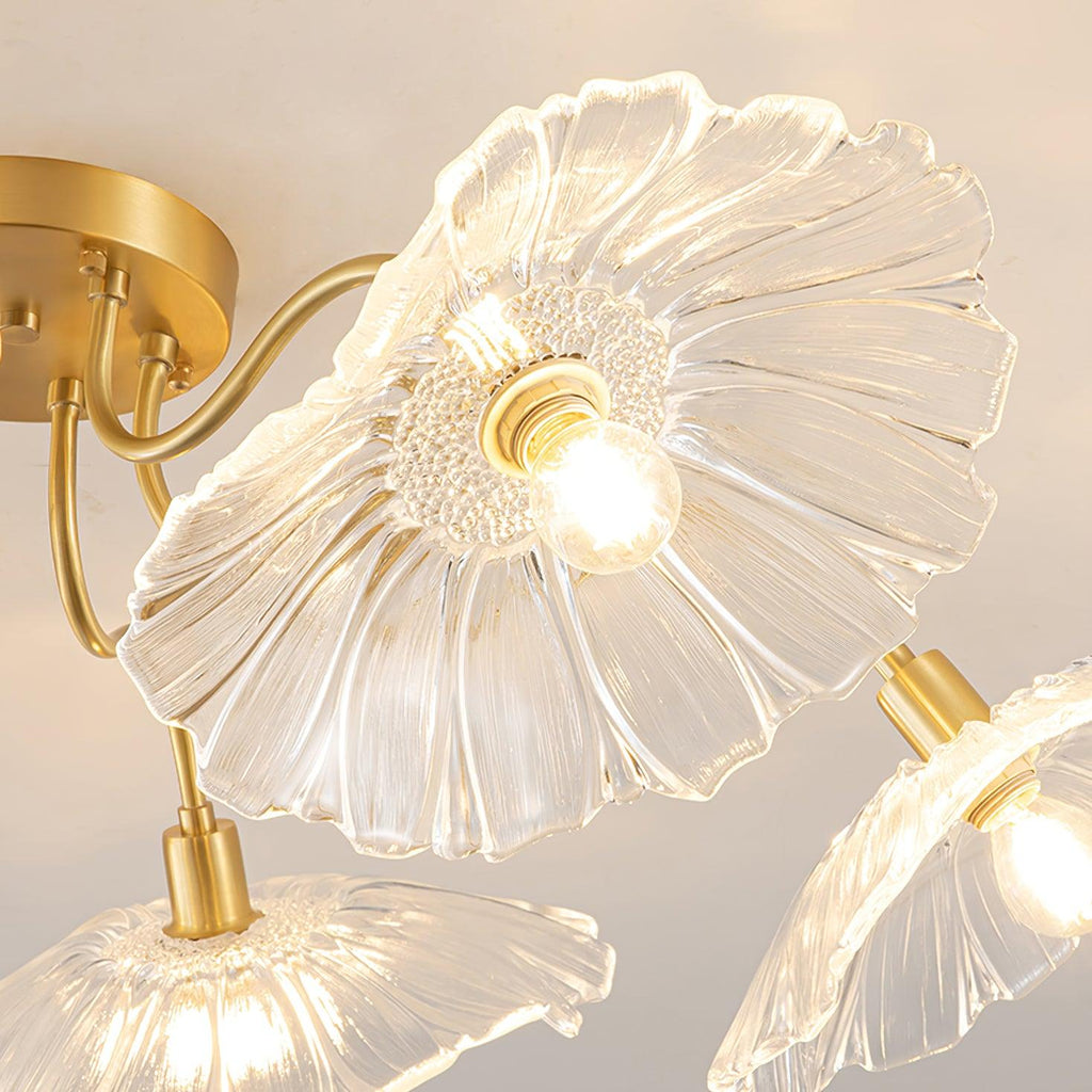 Glas-Deckenlampe mit Blattmotiv | 3, 5 oder 6 Lichtpunkte | Goldene Fassung mit Klarem oder Rosa Mattglas - Lamylie