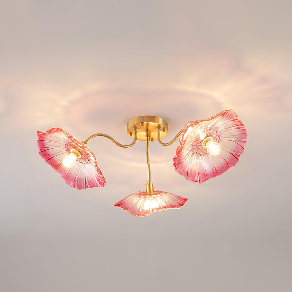 Glas-Deckenlampe mit Blattmotiv | 3, 5 oder 6 Lichtpunkte | Goldene Fassung mit Klarem oder Rosa Mattglas - Lamylie