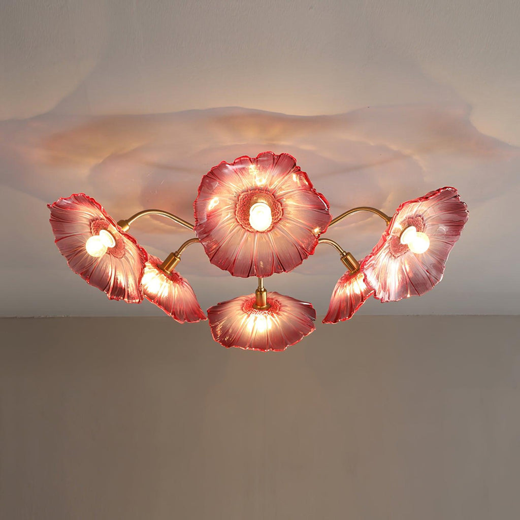 Glas-Deckenlampe mit Blattmotiv | 3, 5 oder 6 Lichtpunkte | Goldene Fassung mit Klarem oder Rosa Mattglas - Lamylie