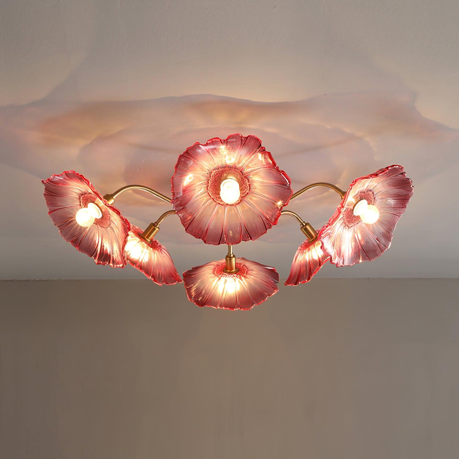 Glas-Deckenlampe mit Blattmotiv | 3, 5 oder 6 Lichtpunkte | Goldene Fassung mit Klarem oder Rosa Mattglas - Lamylie